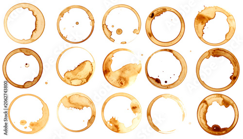 Set of coffee cup stains and ring marks, isolated circles from tea or espresso mugs