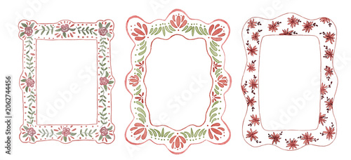 Whimsical Folk Watercolor Decorative Frames in Cottagecore Style. Perfect for invitations, greeting cards, branding, scrapbooking, posters, and vintage-inspired designs.