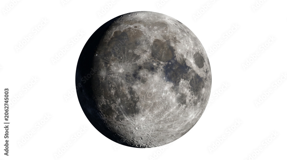 Naklejka premium Detailed moon surface with craters and lunar maria, realistic astronomical satellite photography, celestial body in waxing gibbous phase isolated PNG with Transparent Background