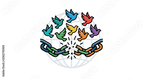 Freedom Birds Flying Over Broken Chain Symbolizing Global Liberation and Hope
