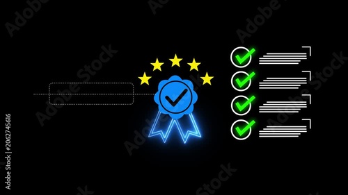 A professional with digital quality certification badge with approval marks, compliance checks, performance rating icons, and verified document indicators representing business quality.4k