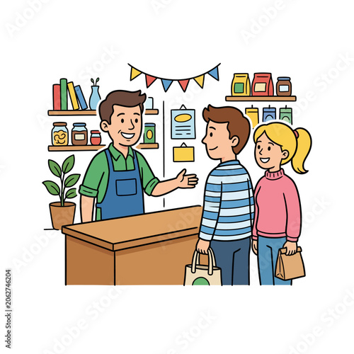 Schilderij op canvas A friendly shopkeeper assists customers inside a small local store