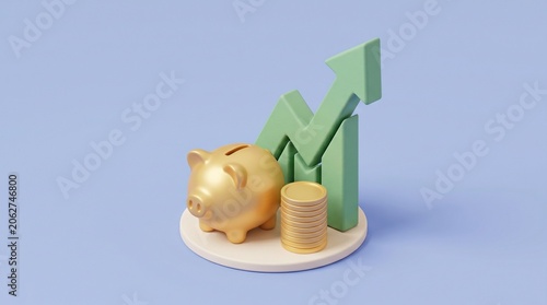 Centered oversized 3D isometric finance miniatures with piggy bank and pastel navy copy space