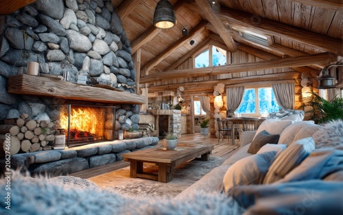 Cozy Alpine Chalet Interior with Stone Fireplace, Wooden Beams, and Warm Atmosphere for Relaxation