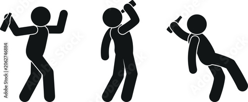 Drunk man stick figure vector icon set showing person drinking alcohol bottle and falling down intoxicated.