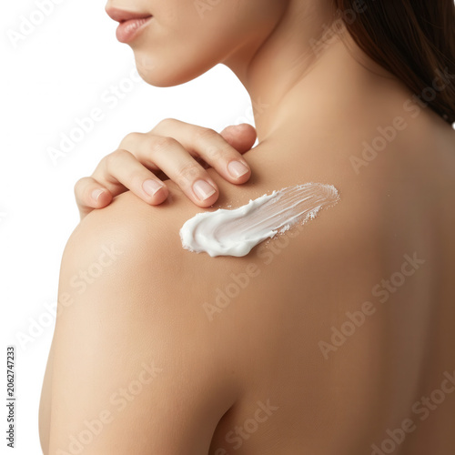 Woman Applying Lotion to Shoulder Transparent Background