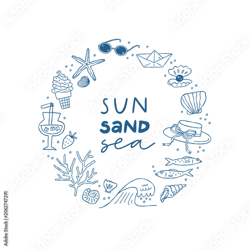 Hand drawn beach items and lettering sign.