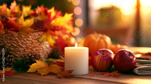 Warm Autumn Harvest Scene with Colorful Leaves, Apples, and Candle Celebrating Thanksgiving Spirit