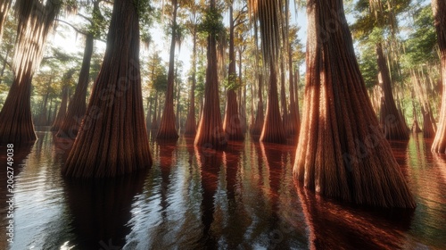 View of a dense swamp with cypress trees rising from dark, reflective water during a warm summer afternoon