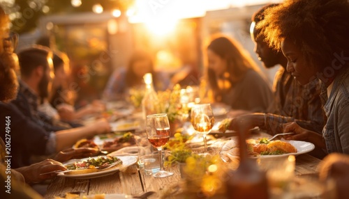 Diverse group of friends enjoying a communal dinner outdoors during golden hour sunset