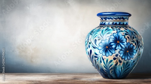 Hand-Painted Traditional Ceramic Vase with Blue Floral Design on Wooden Table Against Neutral Background