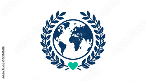Global Laurel Wreath Emblem with Earth and Green Heart Icon - International Award Symbol