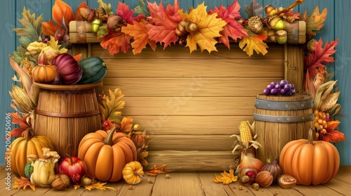 Vibrant Harvest Festival Banner with Colorful Leaves, Pumpkins, and Autumn Decorations for Seasonal Celebrations