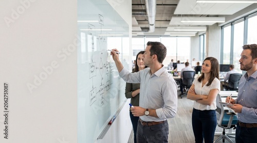 caucasian businessman drawing flowchart on glass whiteboard in modern office. colleagues watching and taking notes. project planning, agile workflow strategy. copyspace. banner, website header.