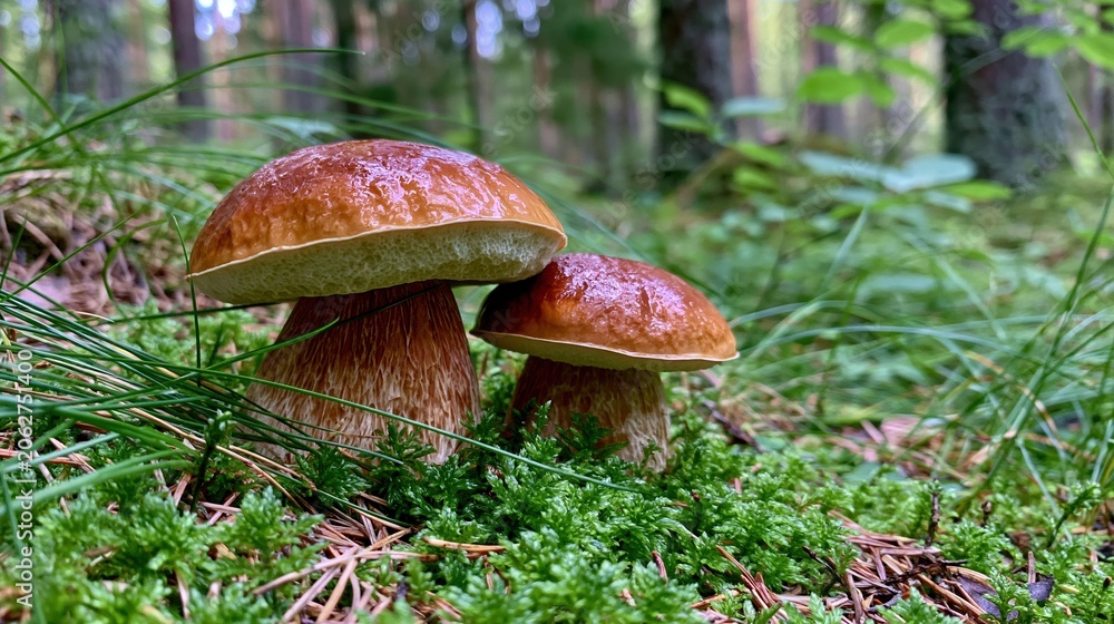 Fototapeta premium Two large edible mushrooms growing in a lush green forest mossy ground