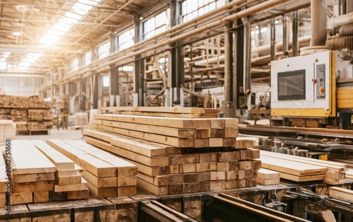 Modern Timber Production Facility Showcasing Freshly Cut Lumber and Machinery in a Bright Industrial Space