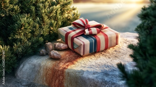 Beautiful Minimalist Holiday Gift Wrapped in Red and Blue Stripes Surrounded by Lush Greenery and Light