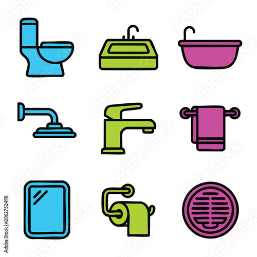 Connectivity colorful bathroom icons including toilet, sink, bathtub, shower, faucet, towel, soap, toilet paper, and drain on white background