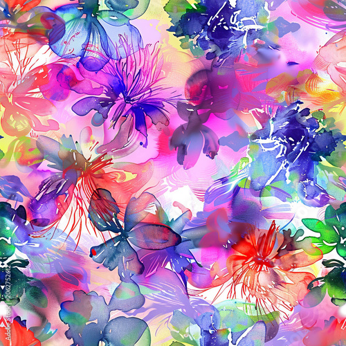Abstract watercolour seamless pattern for textile and wallpaper. Artistic repeating background with bright painted strokes.