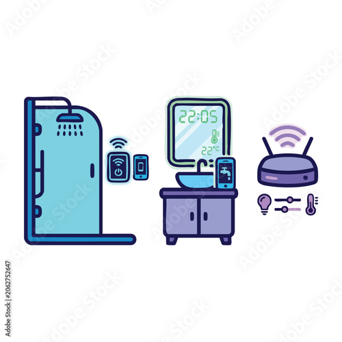 Connectivity smart home devices and gadgets for bathroom with wireless connectivity isolated on white background