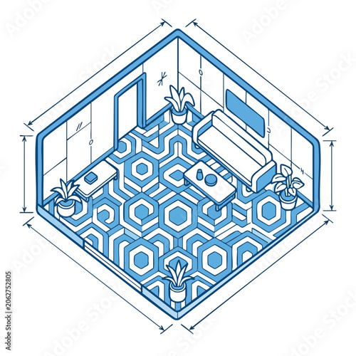 Connectivity isometric view of a living room with blue and white geometric patterned floor isolated on white background