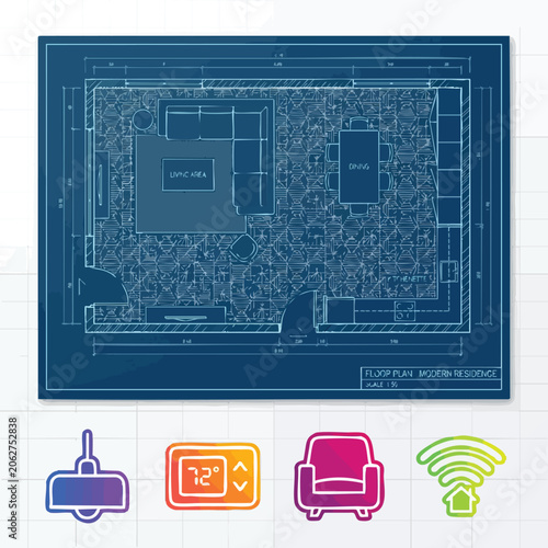 Connectivity a detailed blueprint of a modern residence floor plan with smart home features and icons for temperature control, chair, wifi, and vacuum