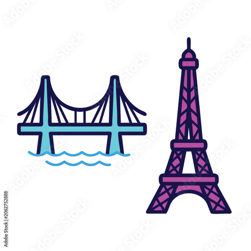 Connectivity vibrant illustration of eiffel tower and suspension bridge isolated on white background with purple, pink, blue, and turquoise hues