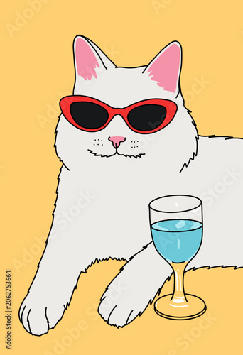 Fluffy White Cat With Red Sunglasses and a Glass Against Yellow Background. Summer Attitude, Holidays, Sunny Travel Concept