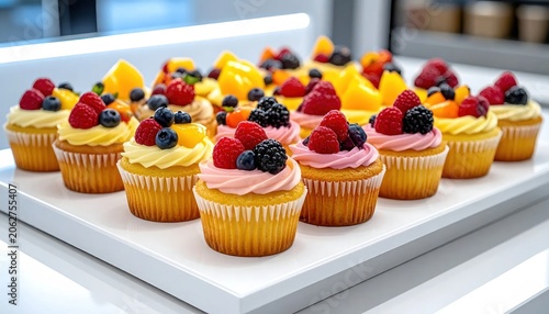 Assorted cupcakes with fruit toppings.