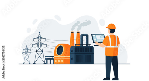 Industrial technician in orange safety vest inspecting waste processing facility with portable computer near power towers and smoking smokestacks.