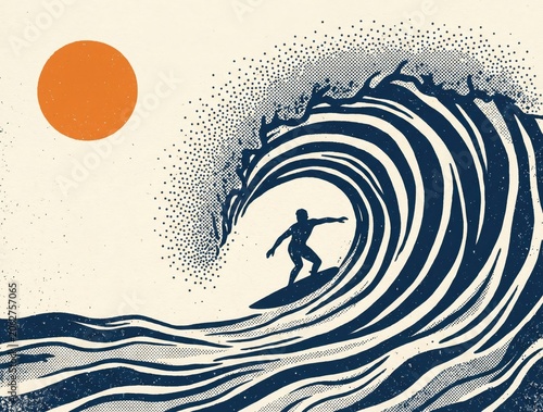 Retro surfing illustration with big ocean wave, vintage surf poster art, minimalist sun and surfer silhouette