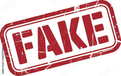 Foto Fake rubber stamp, red grunge seal representing disinformation hoax false news verification failure and fact checking awareness concept