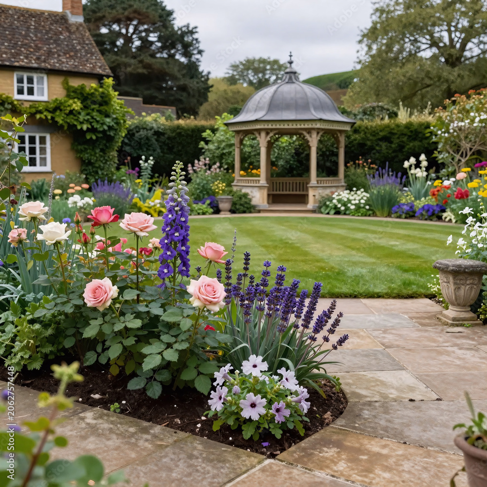 Fototapeta premium Noir Indian Landscape. England'S Summer Garden With Lawn And Large Indian Sandstone Patio