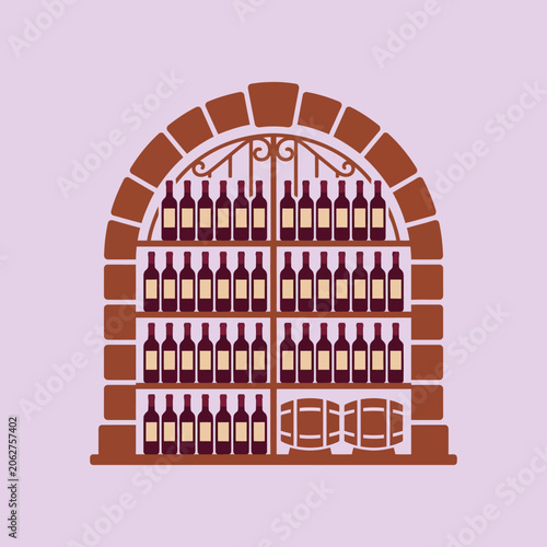 A flat illustration of a wine cellar with many glass bottles