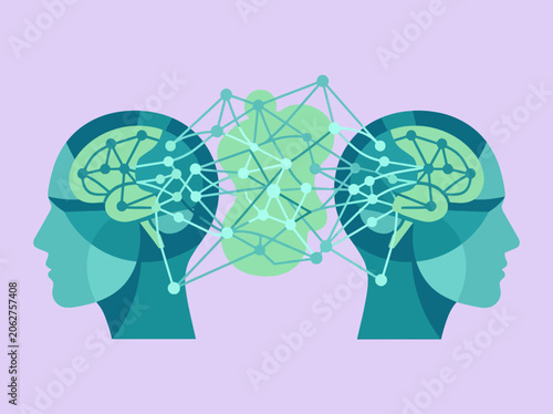 Two human heads connected by a digital neural network concept