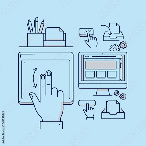 Modern digital workspace icons on a light blue background