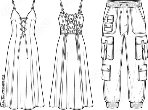 Fotografía Women lace up slip maxi dress and utility cargo jogger pants technical flat sket