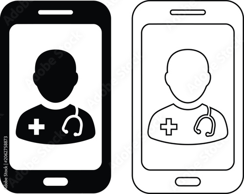 Vector icon set of a smartphone screen displaying a doctor profile representing telehealth, telemedicine, and online medical consultation in black silhouette and outline styles.