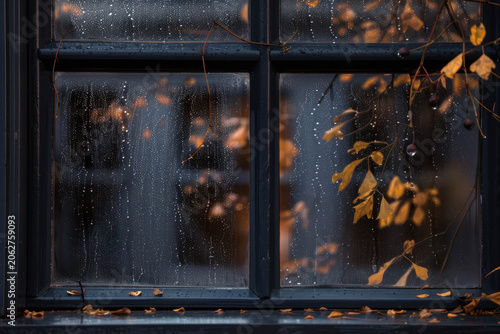 Rainy window with autumn leaves and water droplets creating a cozy seasonal background