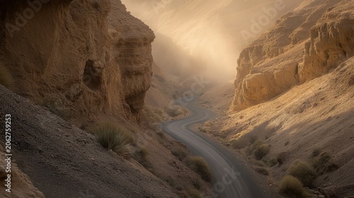 A dusty, winding dirt road carves through a narrow desert canyon with towering, sun-drenched rock formations
