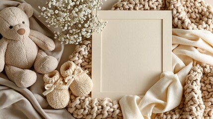 Soft Neutral Baby Theme Flat Lay with Teddy Bear, Booties, Blank Frame, and Cozy Blanket