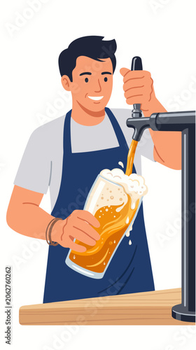 Bartender pouring cold beer with detailed foam and dynamic liquid motion, premium beverage concept, 2d flat vector illustration, world beer day