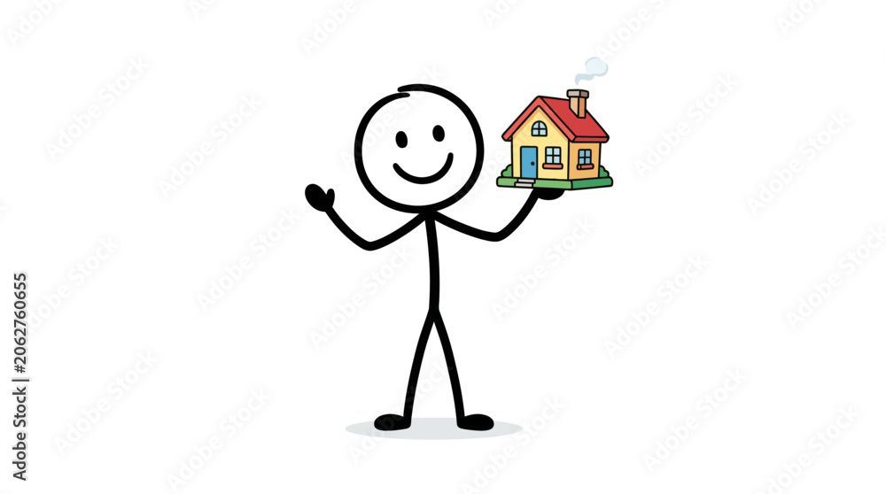 Fototapeta premium Stick figure holding a house smiling.