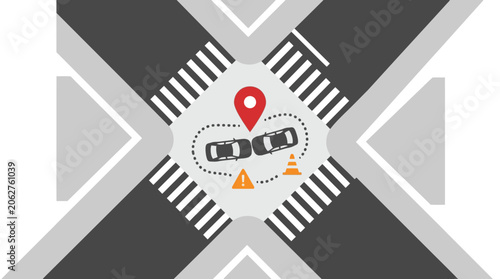 Intersection shows a car accident with a red location pin and warning cones on the road surface.