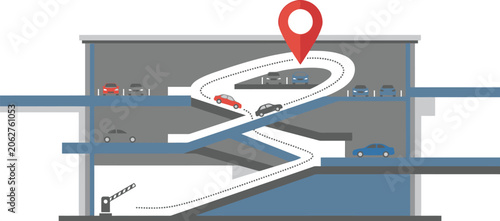 Parking garage interior shows a multi-level structure with cars and a navigation pin for urban transport planning.