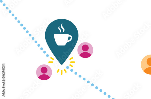 Coffee cup icon inside a location pin represents a popular meeting spot for local social gatherings.