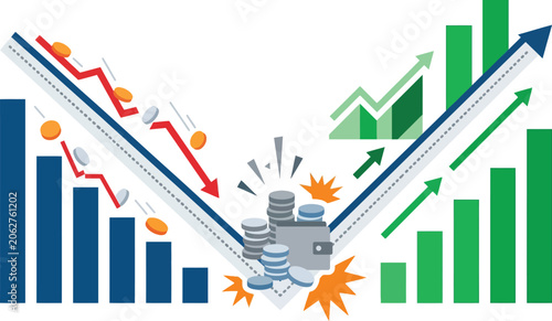 Bar graphs illustrate the volatile fluctuations of financial markets and economic recovery patterns.
