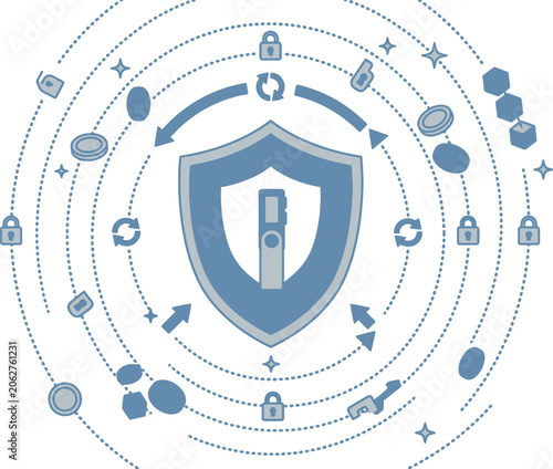 Shield icon represents secure digital transactions and protection of sensitive personal information.