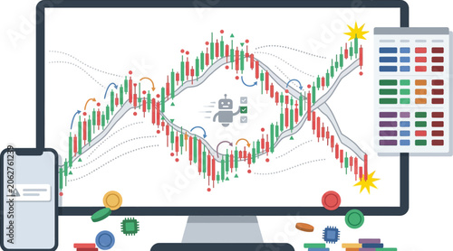 Computer monitor presents a detailed candlestick chart with a small robot icon analyzing data.