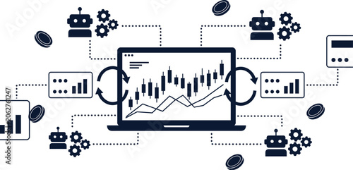 Laptop displays a central stock market candlestick chart connected to automated trading bots.